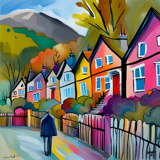 Person walking past colourful residential houses representing property journey and home ownership