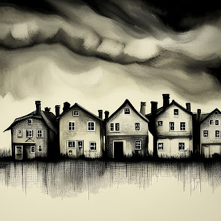 Row of terraced houses reflected in water illustrating flood risk affecting residential property