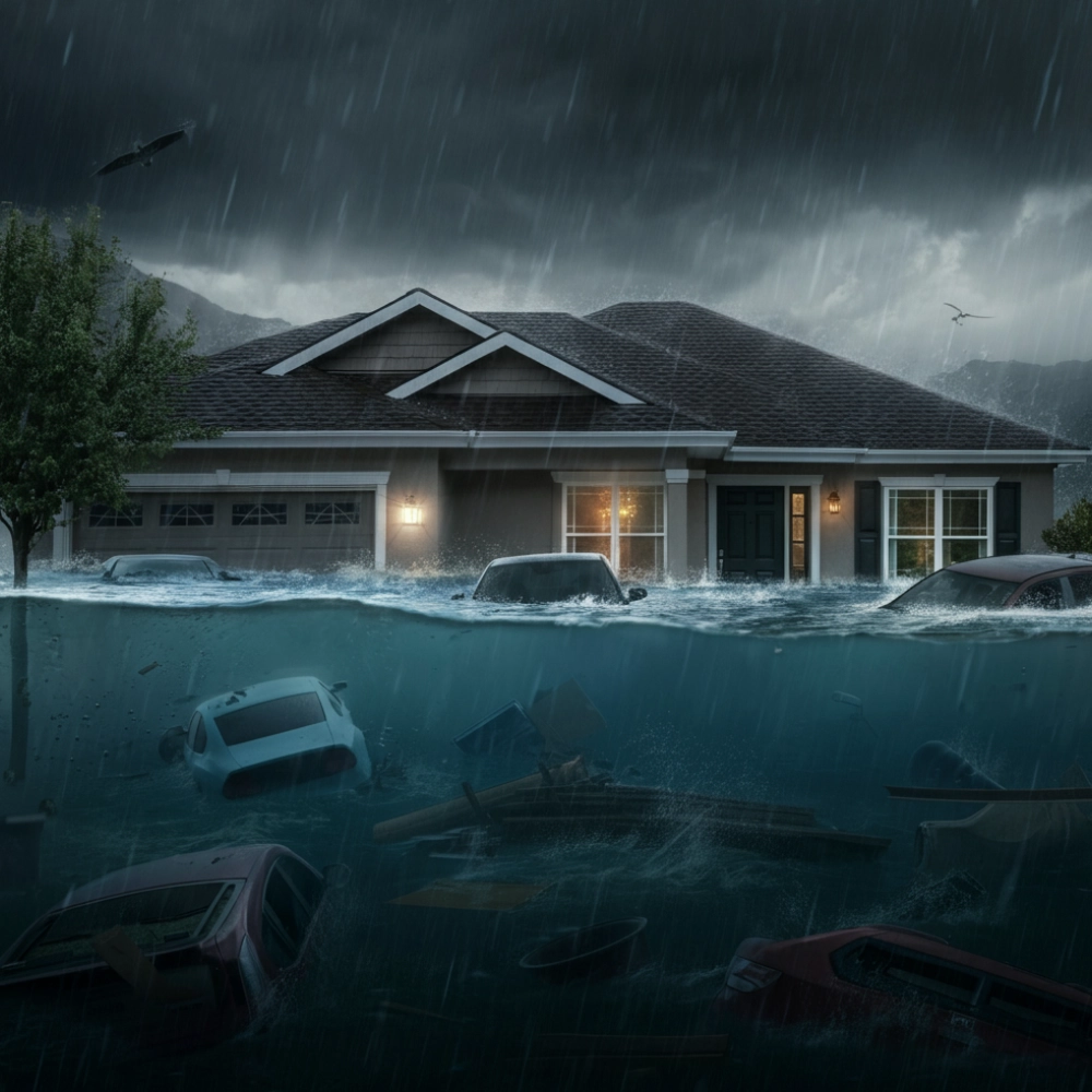 Flooded residential house during heavy storm with submerged cars and rising water levels