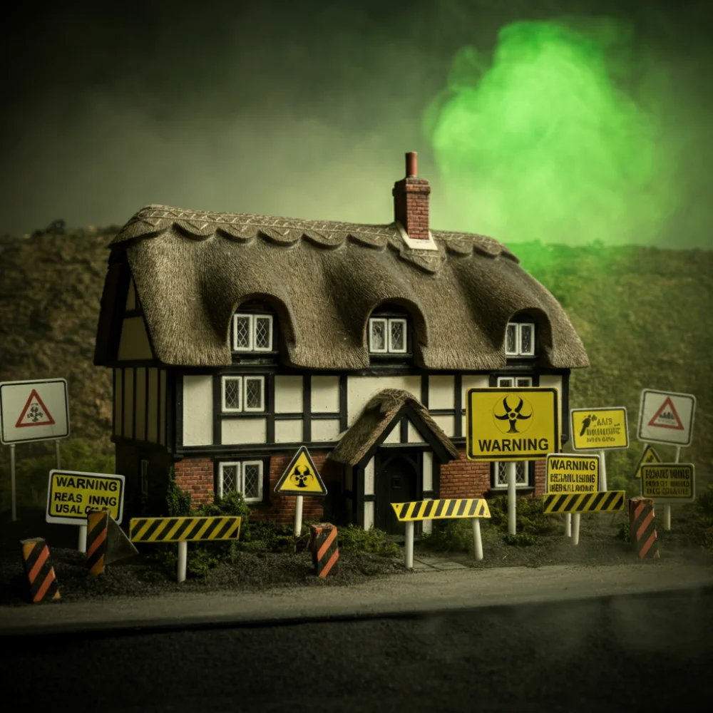 Residential house surrounded by hazard warning signs indicating environmental risk or contamination