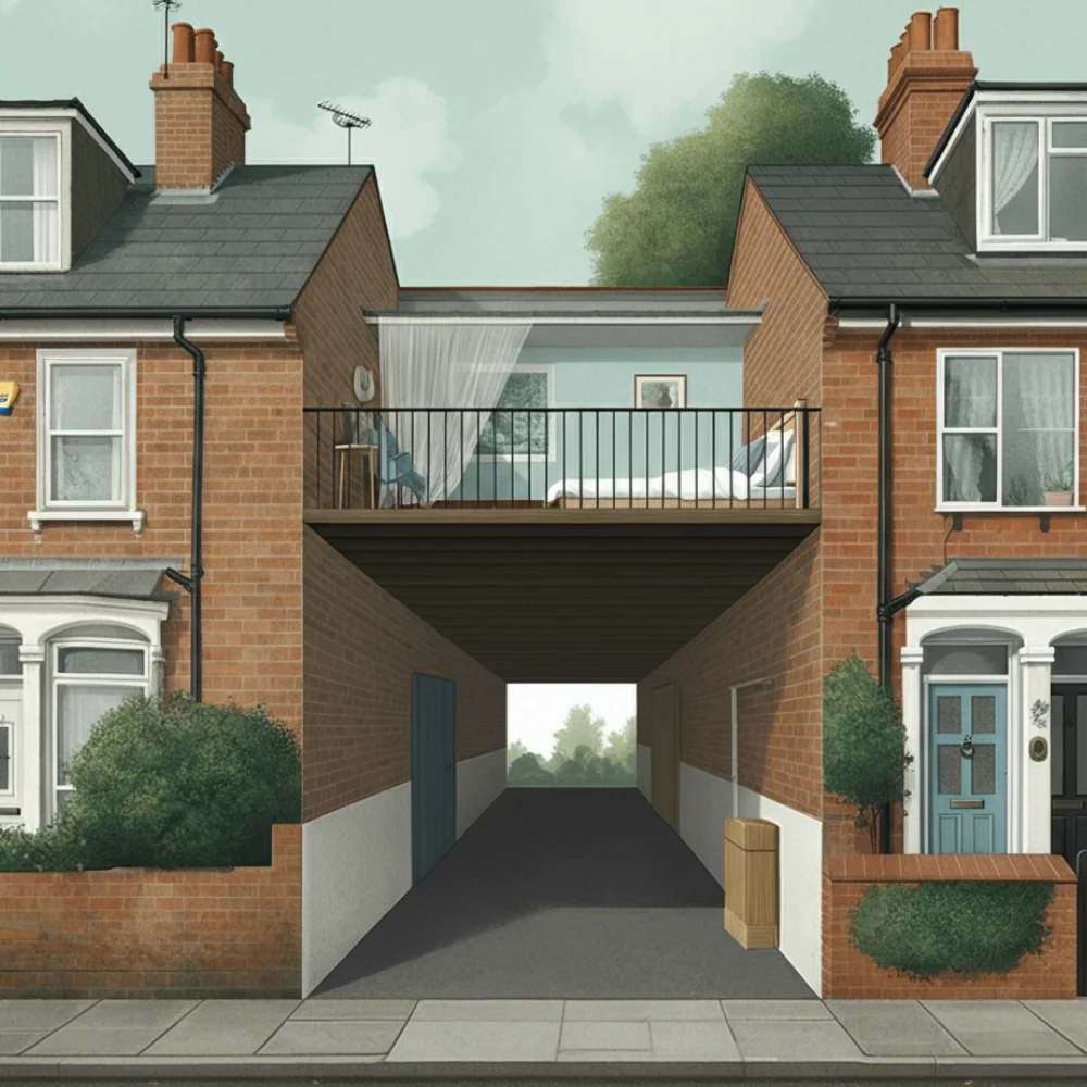 Residential property with a shared archway driveway between two brick houses and a balcony above